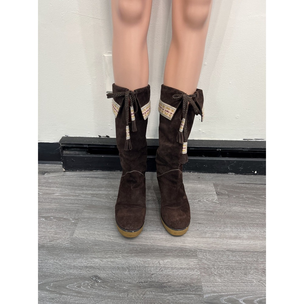 Marc Jacobs Brown Suede Fold Over Wedge Tall Boots Tassel Trim Size 39 US 8.5-9